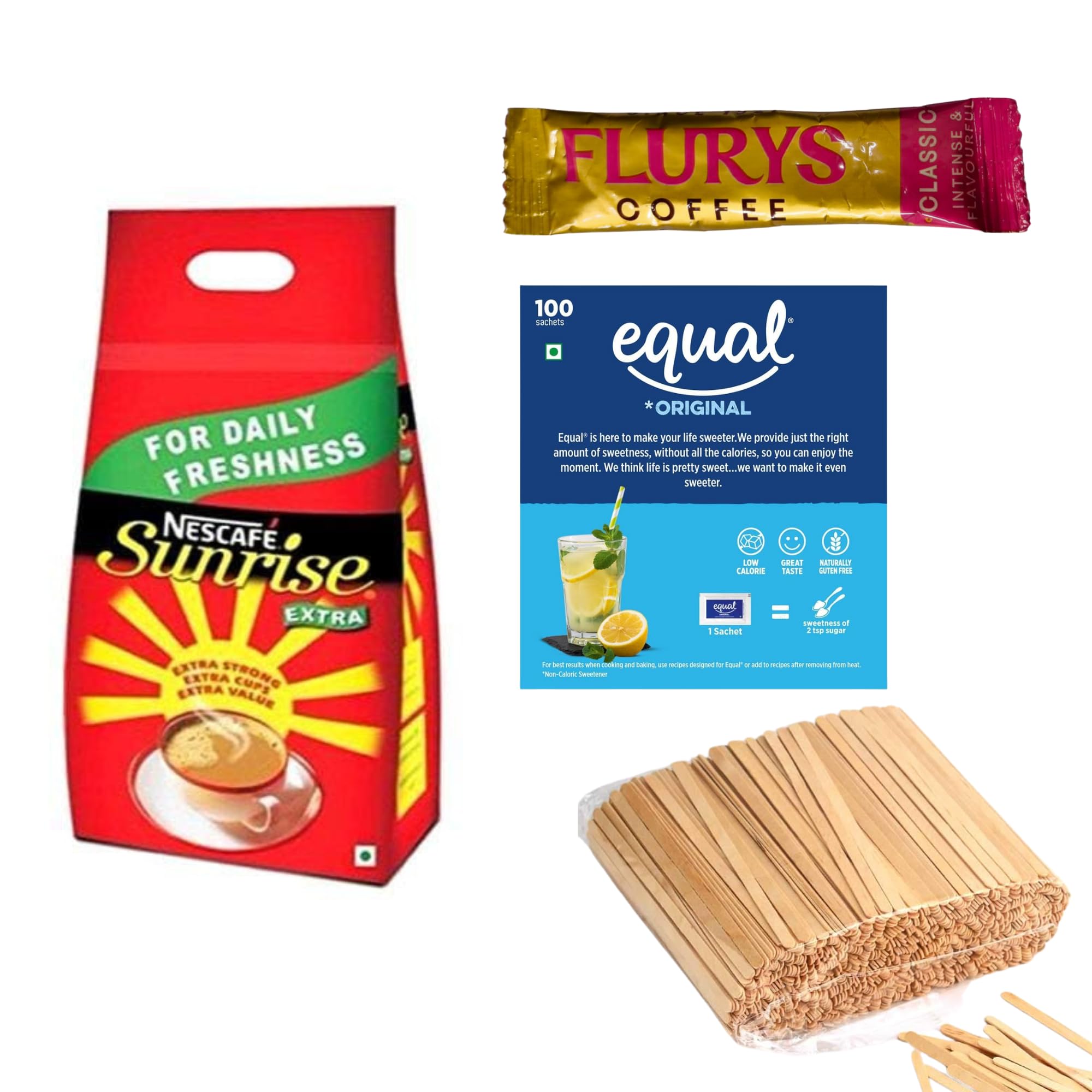 Sunrise Extra Instant Coffee Powder 1 Kg (200 Gm X 5) pack of 1 + 60 FLURYS Coffee Sachet + Equal Sugar 100 Sachet + 100 Wooden Stirrer