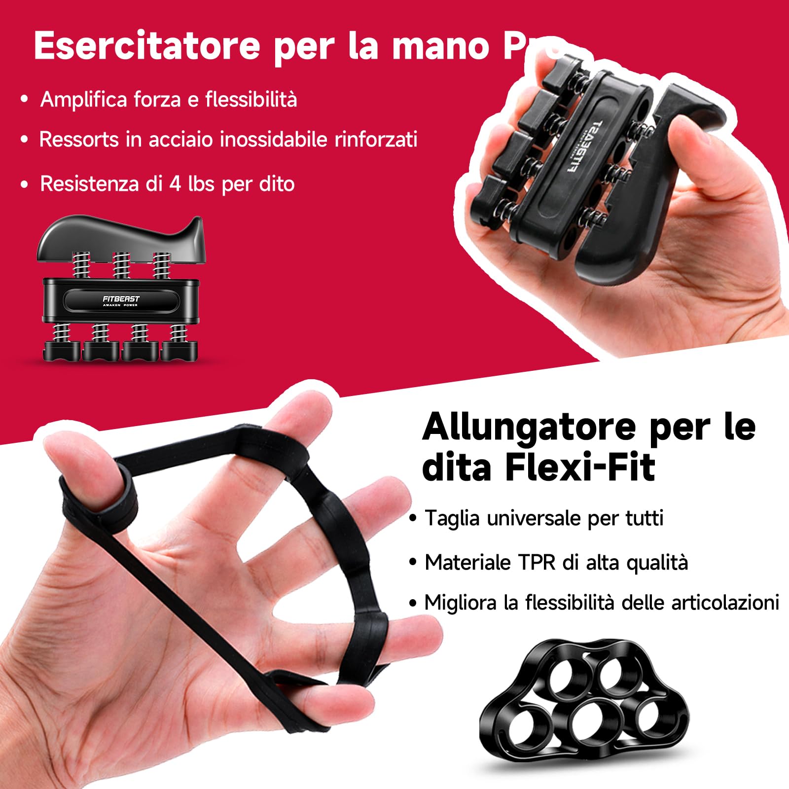 FitBeast Hand Grip Molla Avambraccio Gripper - Pacco da 5, Pinza per Avambracci Attrezzi, Attrezzo per Esercitare Le Dita, Finger Stretcher, Anello per Esercizi & Palla Antistress per Atleti
