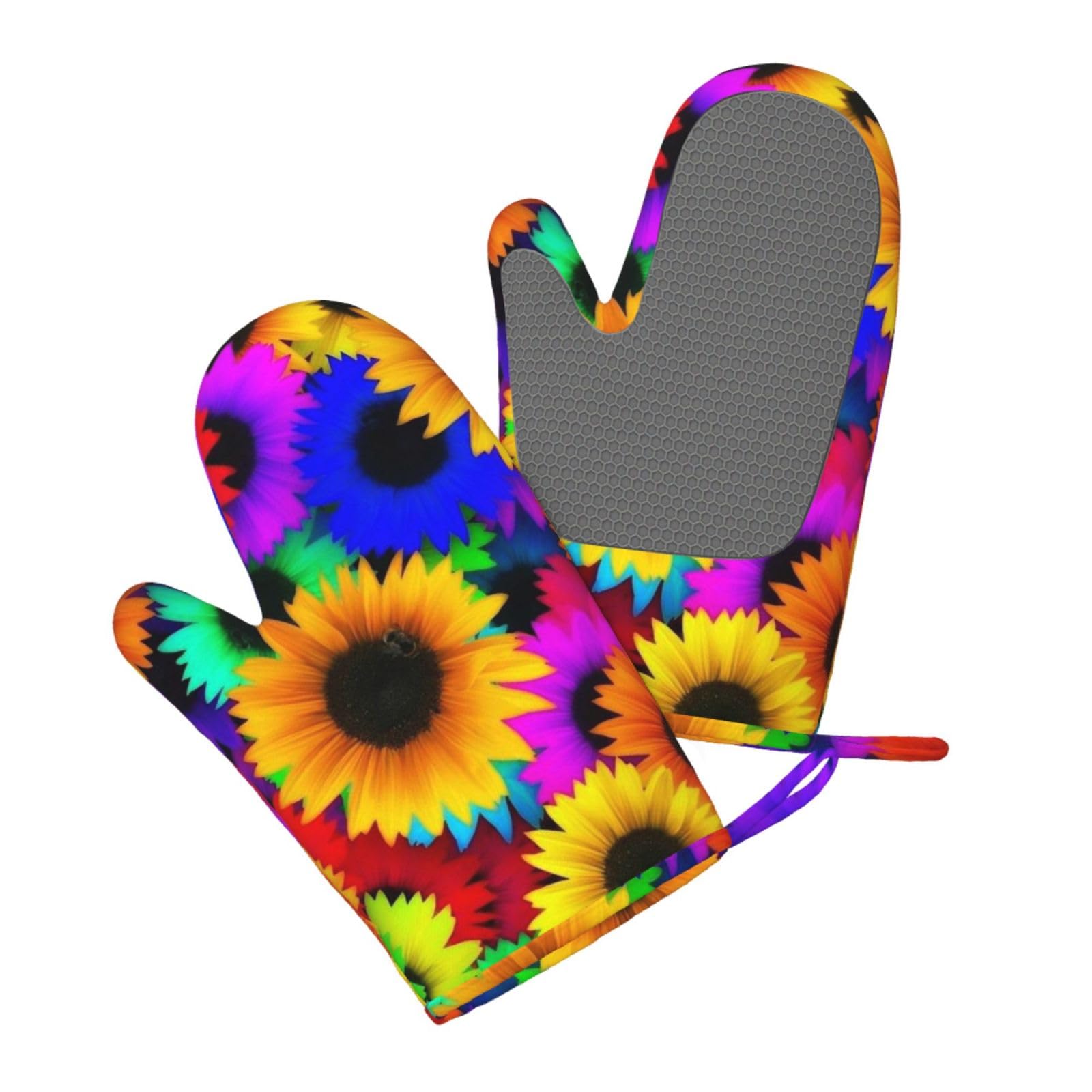 Aqrjlpo Women's Rainbow Sunflower Silicone Oven Mitts Set 2Pcs, Printed Heat Resistant Non-Slip Silicone Oven Gloves For Kitchen Cooking Baking Microwave