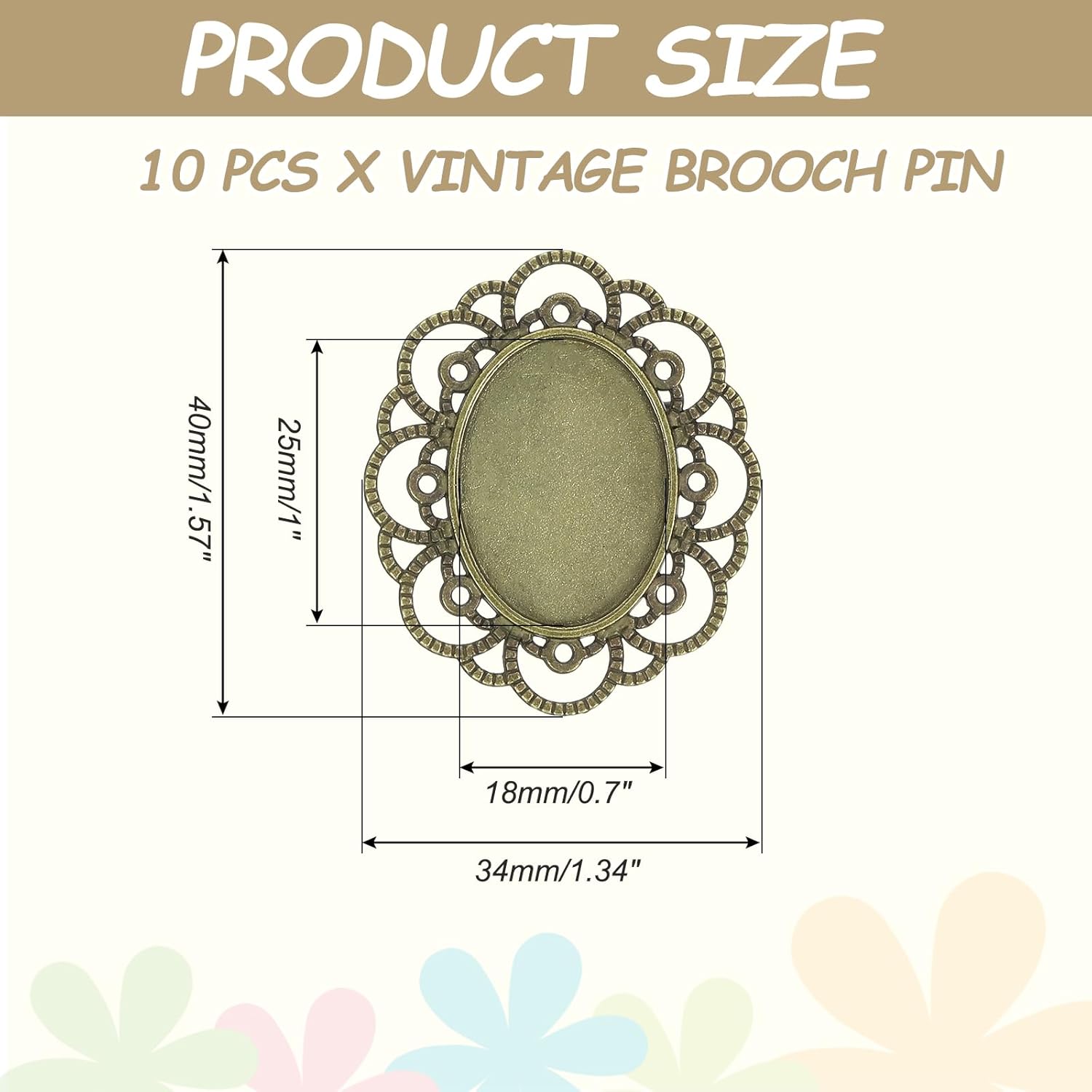 MECCANIXITY 10 Pcs Cabochon Brooch, 25x18mm Alloy Findings Trays Oval Pins, Vintage Setting Brooch Pins for DIY Jewelry Making Pendants Photo Craft, Big Lace Style, Bronze - Image 2