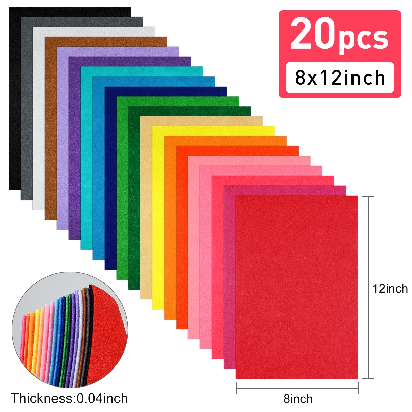 20 Pcs Soft Felt Fabric Sheet 8" x 12" Assorted Color Felt Fabric Sheets for Crafts DIY Handcraft Sewing Squares Patchwork Nonwoven