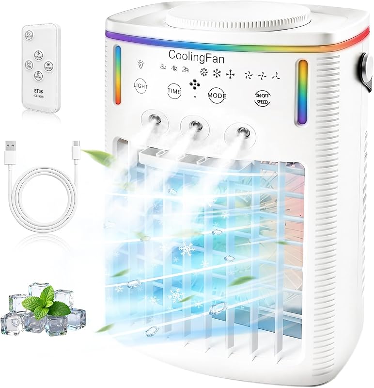 2026 New 4-in-1 Portable Air Conditioners, Portable AC for Car, Ac Unit with 1500ML Water Tank, 3 Modes & 3 Speeds, 7-Color LED Light & Remote Control for Office, Car Camping & Travel(1PCS)