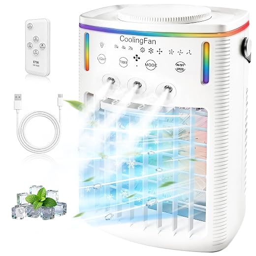 2026 New 4-in-1 Portable Air Conditioners, Portable AC for Car, Ac Unit with 1500ML Water Tank, 3 Modes & 3 Speeds, 7-Color LED Light & Remote Control for Office, Car Camping & Travel(1PCS)