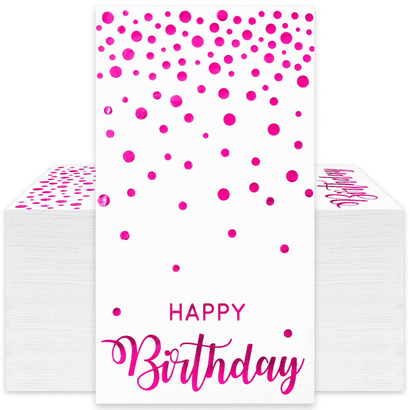JarThenaAMCS 50 servilletas de papel desechables para invitados de feliz cumpleaños, con lunares de papel de aluminio rosa intenso, servilletas de mano, para decoración de mesa de fiesta de cumpleaños