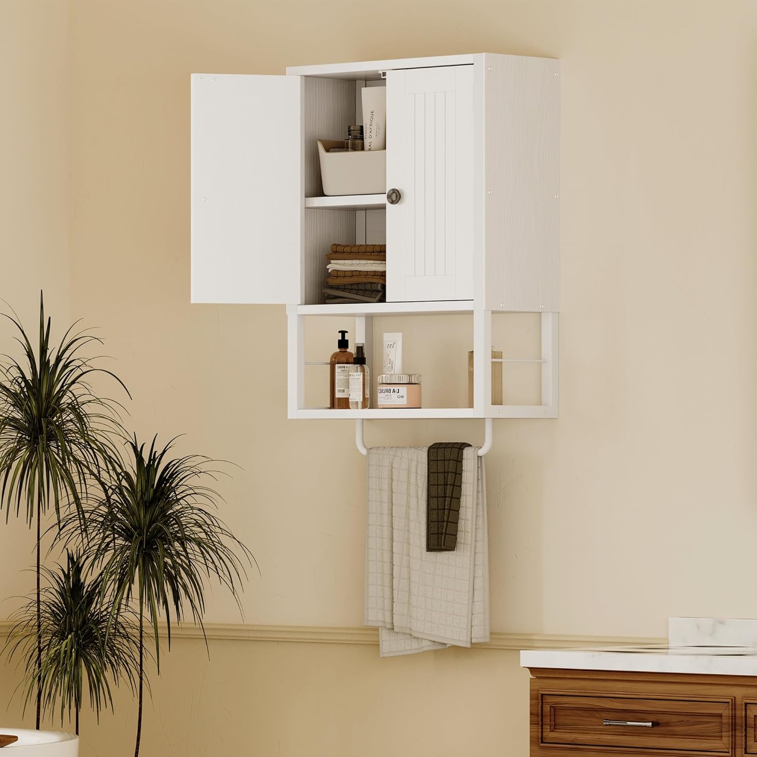 Homeiju Rustic Wall Mounted Medicine Cabinet, White Wood Storage Cabinet with Two Barn Doors, Shelf and Towel Bar for Bathroom, Living Room, Kitchen, White
