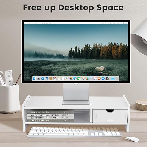 Miniatura 3 de Soporte elevador para monitor de 2 niveles, organizador de escritorio para computadora con cajón para laptop, computadora, iMac, blanco