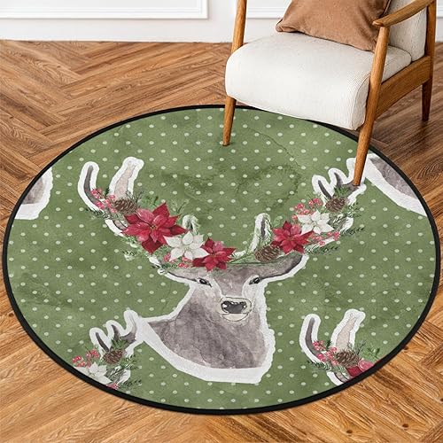 Christmas Elk Xmas 05 Round Area Rug 3ft Machine Washable Circular Rugs for Dining Room Table Bedroom Playroom Throw Rugs for Dog Living Room Floor