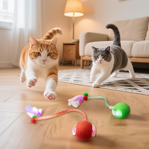 Miniatura 8 de Combo de bolas de juguete interactivas rojas y verdes para gatos  Juguetes automáticos para gatos en movimiento ágil con 4 accesorios de cola, canto