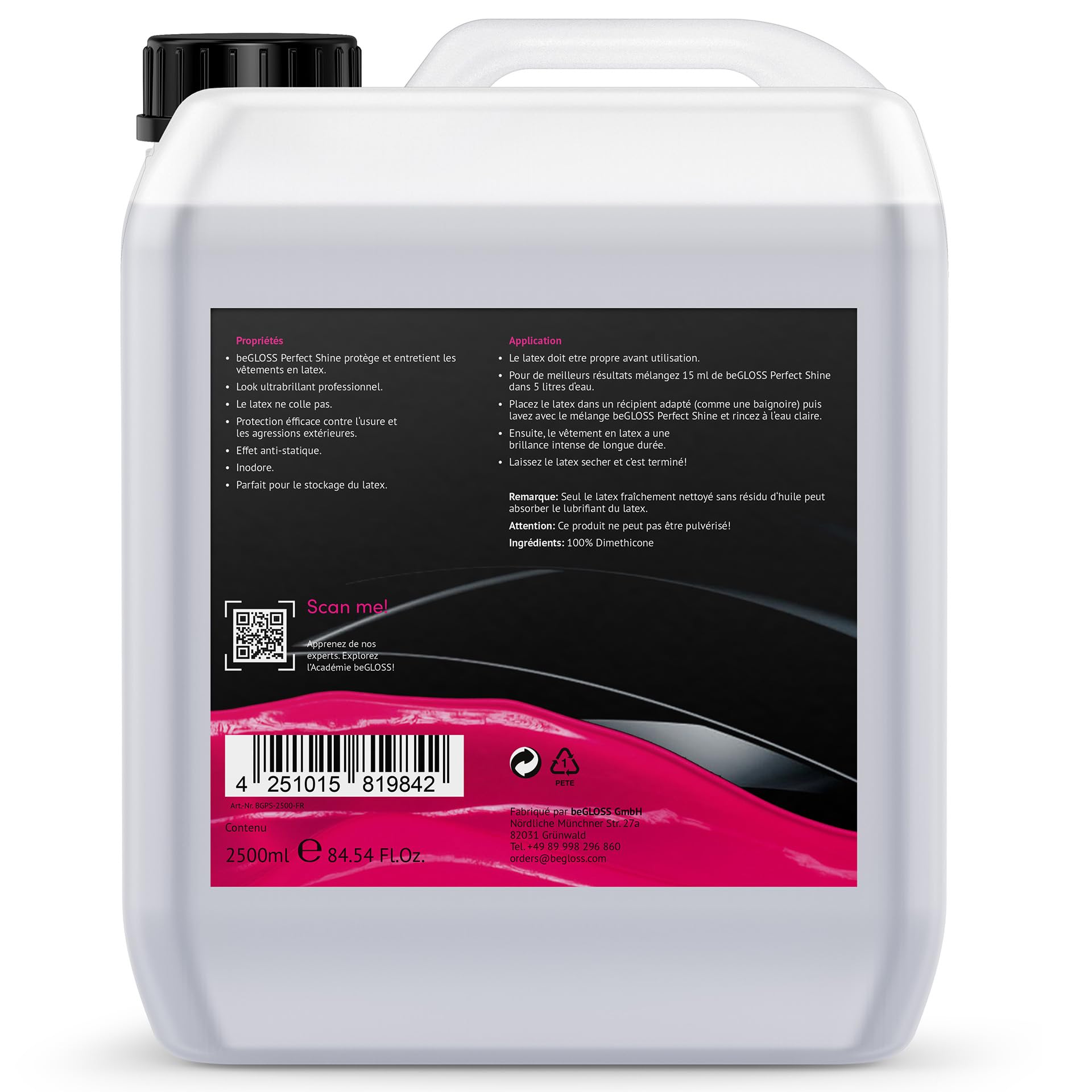 beGLOSS PERFECT SHINE 2500 ML - Le lubrifiant pour polir vos vêtement en caoutchouc & latex