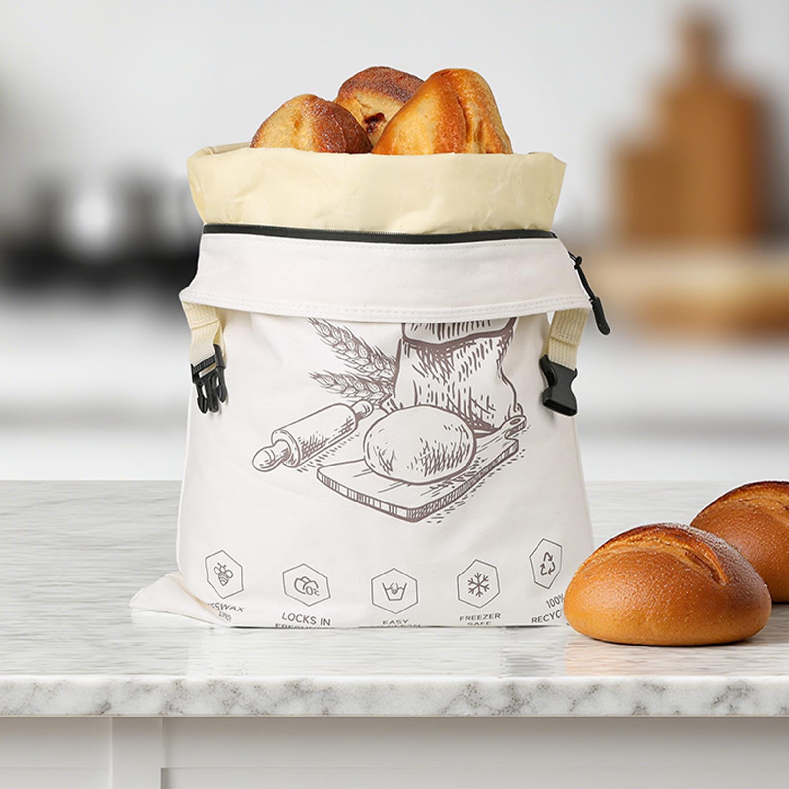 Borsa per alimenti in cotone biologico con fascia elastica e moschettone, essenziale per pane, formaggio, picnic, cibo