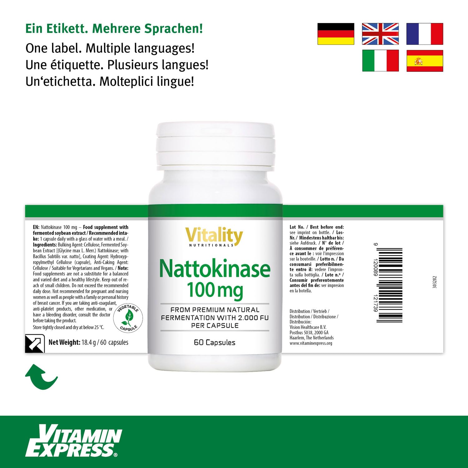 Nattokinase Hochdosiert 100 mg, fermentierter Sojabohnenextrakt (60 Kapseln) Premium Nahrungsergänzung Vitality Nutritionals by VitaminExpress