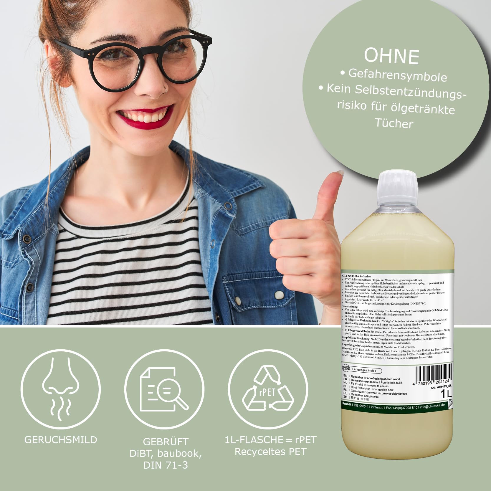 OLI NATURA Holz-Refresher - lösemittelfreies Hydro-Pflegeöl - 1L | Zur Pflege und Auffrischung geölter Möbel, Treppen, Holzböden, Kinderspielzeug & mehr - ergiebig, antistatisch & VOC-frei