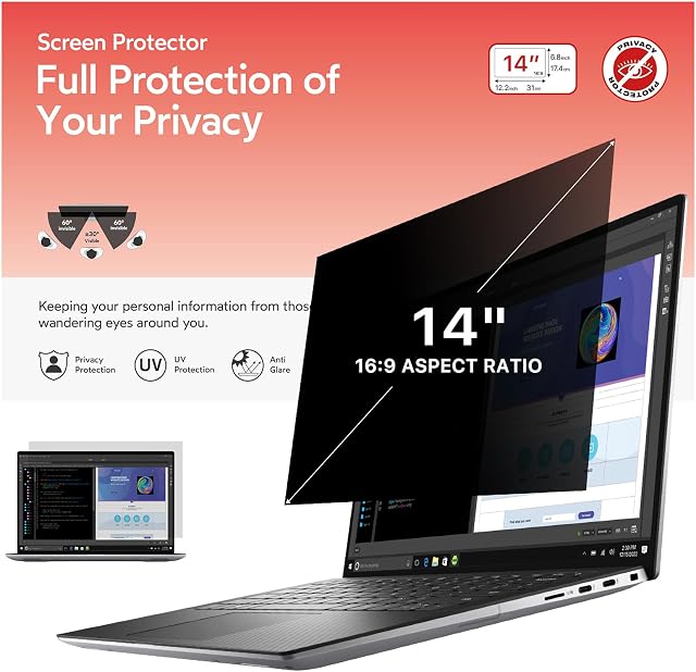 BERSEM 14 inch Removable Laptop Privacy Screen Filter for 16:9 Ratio Monitor,[Anti-Spy] [Anti-Glare] [Anti-Scratch] [UV-Blocking]