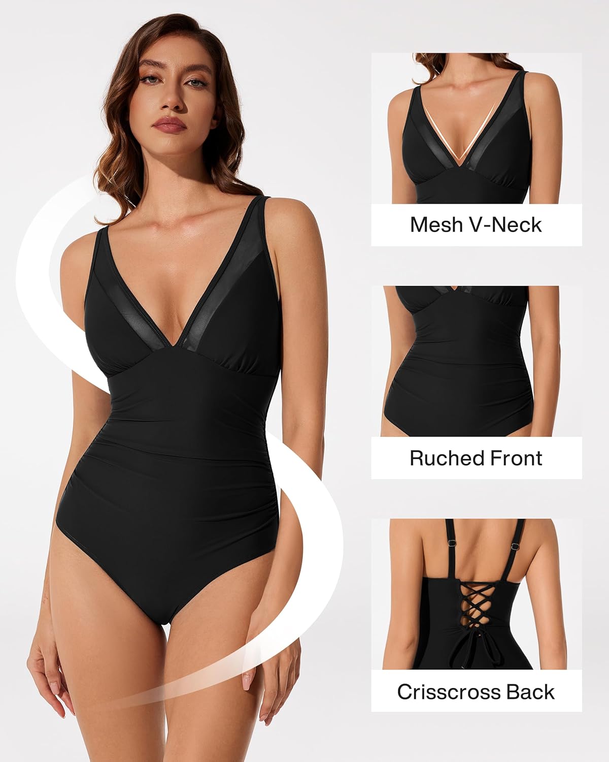 RXRXCOCO Women Sexy Mesh Tummy Control One Piece Swimsuit Ruched Slimming Shapewear Bathing Suit Lace Up Back Swimwear - Image 4