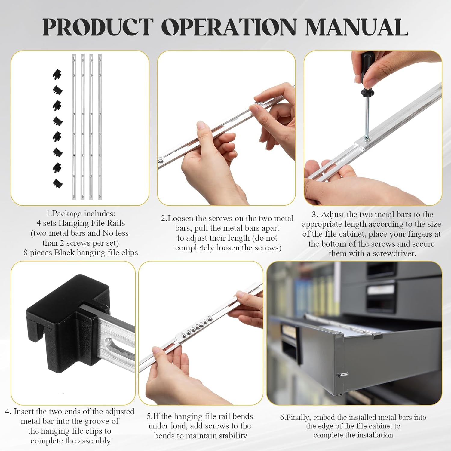 12 Pcs Metal Adjustable File Cabinet Rails Set Include 8 Hanging File Rail Clips 4 Cabinet Dividers Bars Suitable for Cabinets with Drawer Thickness Less Than 1/8 Inch (Silver,25 Inch-46 Inch)