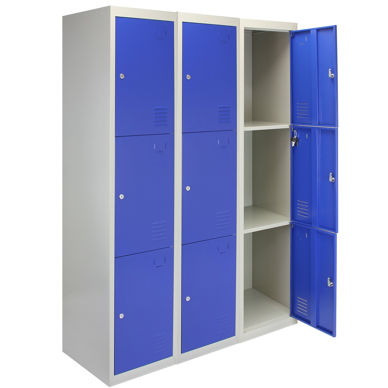 MonsterShop - 3 Taquillas Metálicas para Montar con 3 Puertas Azules 45x114x180cm con Estantes llaves Imanes Portatarjetas Nombre Casilleros Metalicos Metal Locker Escuela Gimnasio Vestuario y Oficina