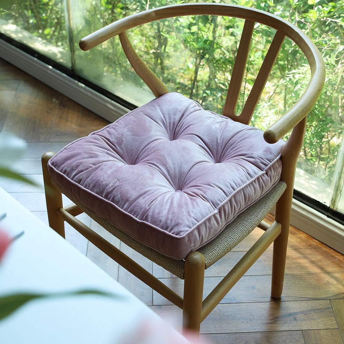 Soft Velvet Chair Pads with Ties Comfy Solid Seat Cushion for Dining Chairs, Office Chairs, Hardwood Floors (Pink, 16"x16")
