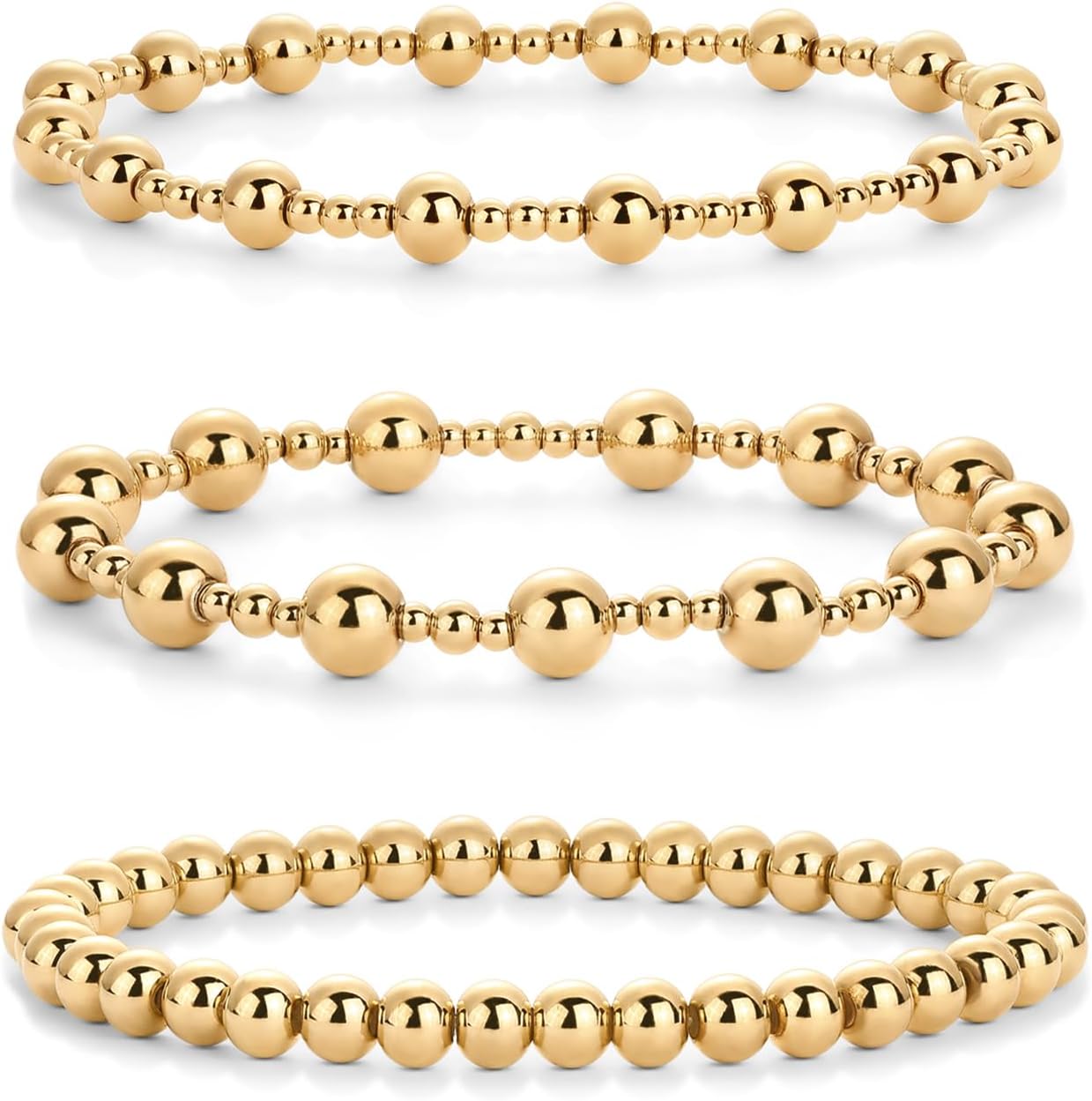 PAVOI 14K Gold Plated Beaded Bracelet Pack for Women | Stainless Steel 3-Piece Stretchy Bracelet Set | Waterproof Ball Trio
