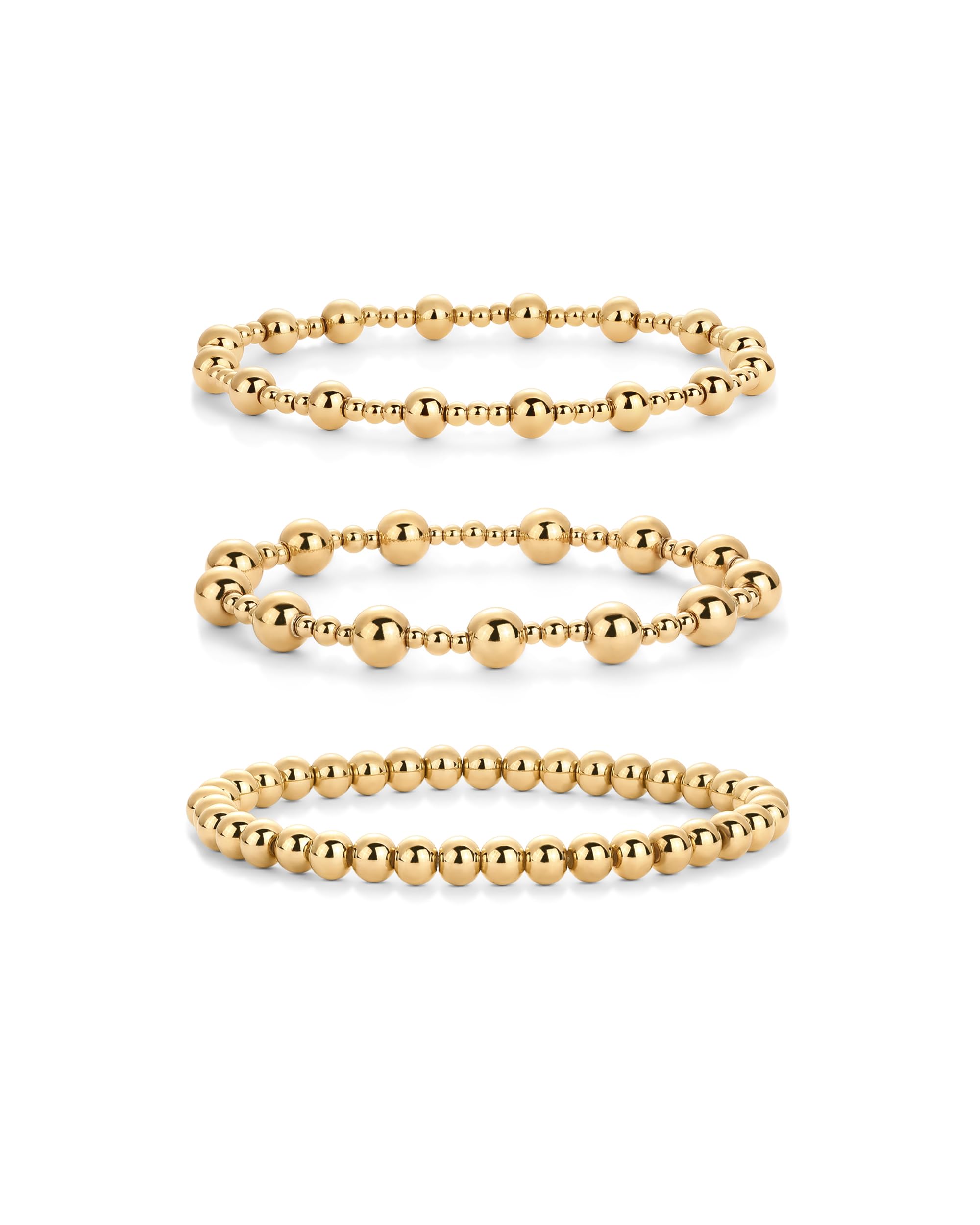 PAVOI 14K Gold Plated Beaded Bracelet Pack for Women | Stainless Steel 3-Piece Stretchy Bracelet Set | Waterproof Ball Trio