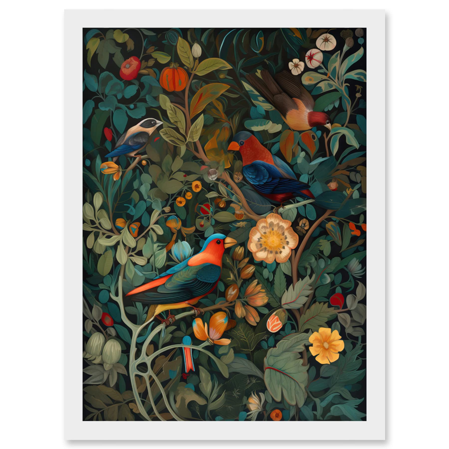 Artery8 Parrots on Exotic Blooming Trees Modern Folk Art Artwork Framed Wall Art Print A4