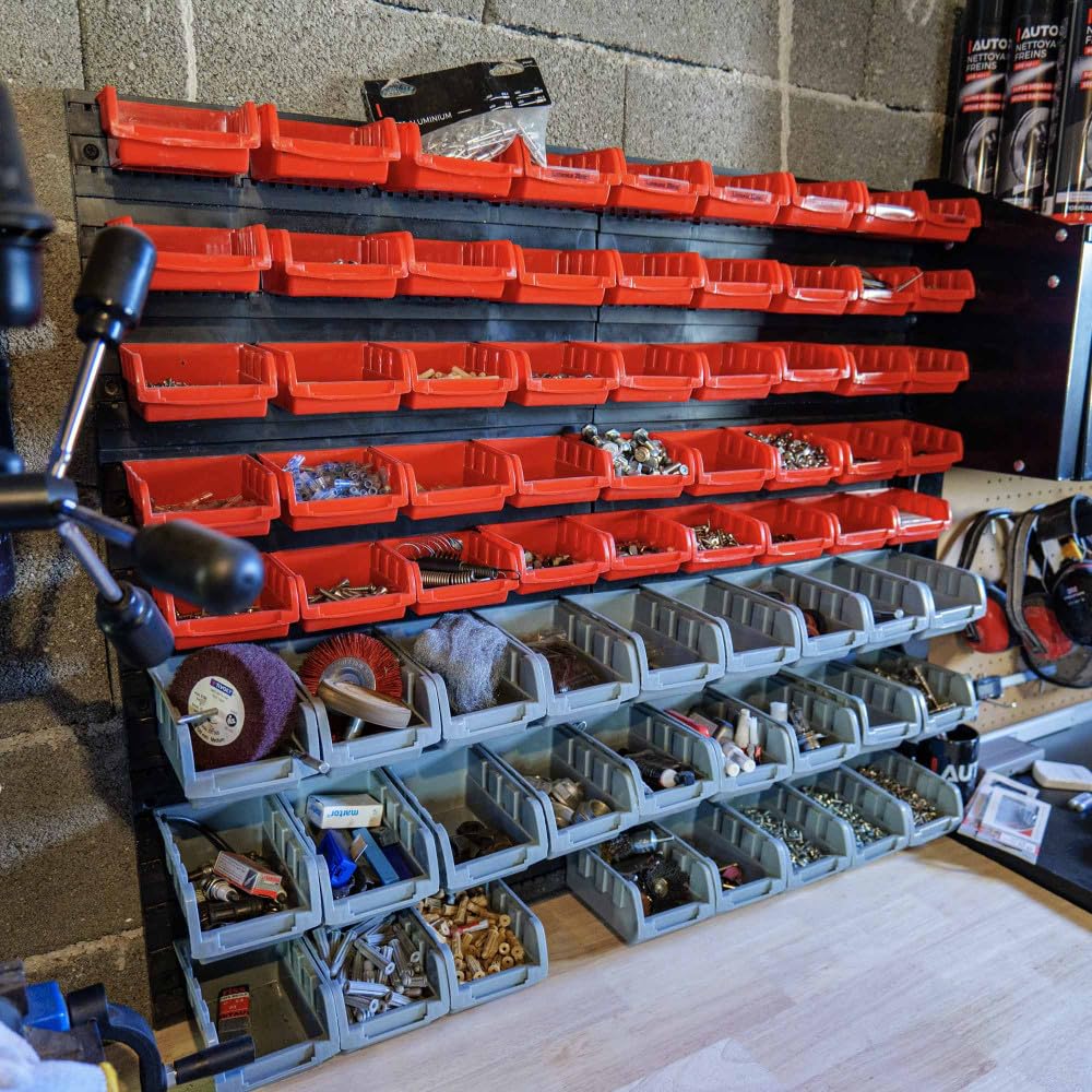 Etagère murale rangement outils - 72 bacs de rangement empilables - 6 panneaux 47,5 X 27,2 X 1,5cm - Rangement Atelier Garage