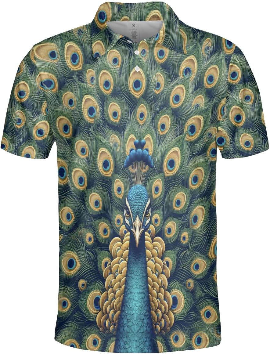 Peacock Polo Shirts for Men Women - Dazzling Peafowl Mens Golf Polo Shirts Short Sleeve Dry Fit Casual Tennis T-Shirt PA80