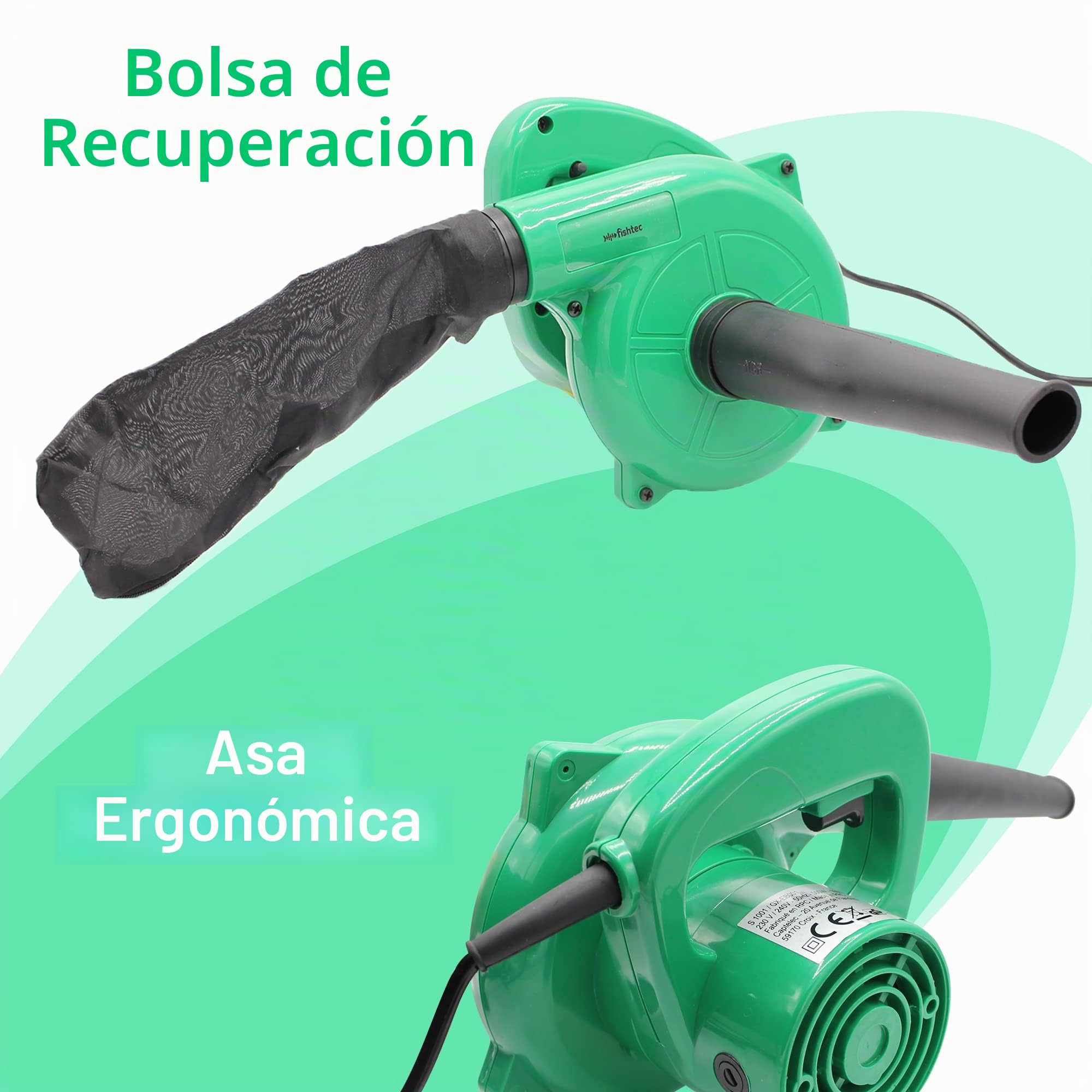 FISHTEC Mini Soplador de Hojas Eléctrico - Reversible a Aspirador con Bolsa - Longitud del Cable 2M - 500 W - 40CM - Verde