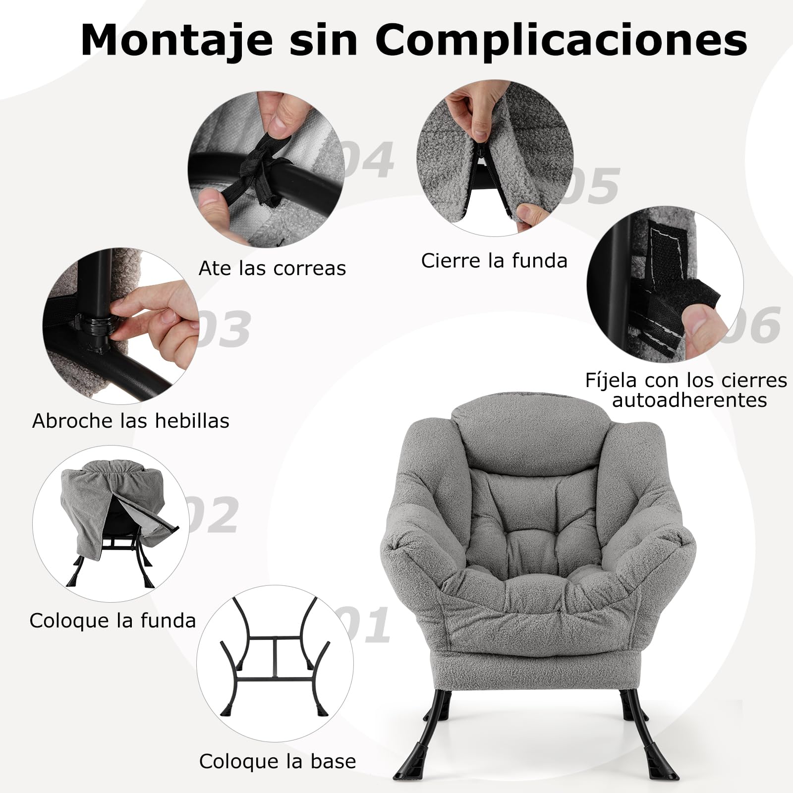 GIANTEX Sillón de Lectura Moderno con Estructura Metálica, 80 x 74 x 97 cm, Silla de Sofá Tapizado de Vellón Falso, Sillón Individual con Reposabrazos y Bolsillo Lateral, para Salón, Oficina (Gris)