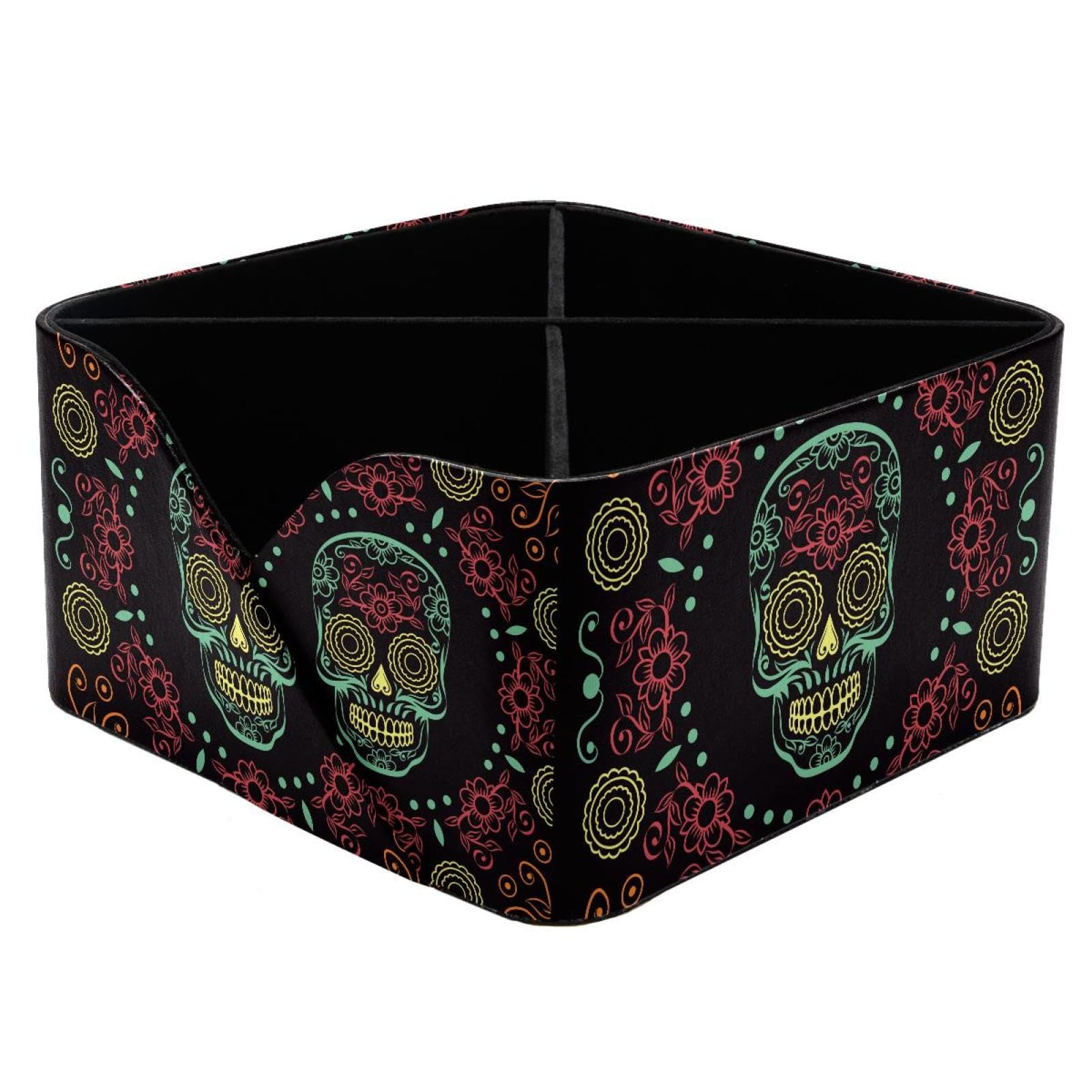 KengjuTesu Suger Skull Flower Pattern Desktop Organizer Pen Holder, Rectangular Pencil Cup for Office, Study and Makeup Stations