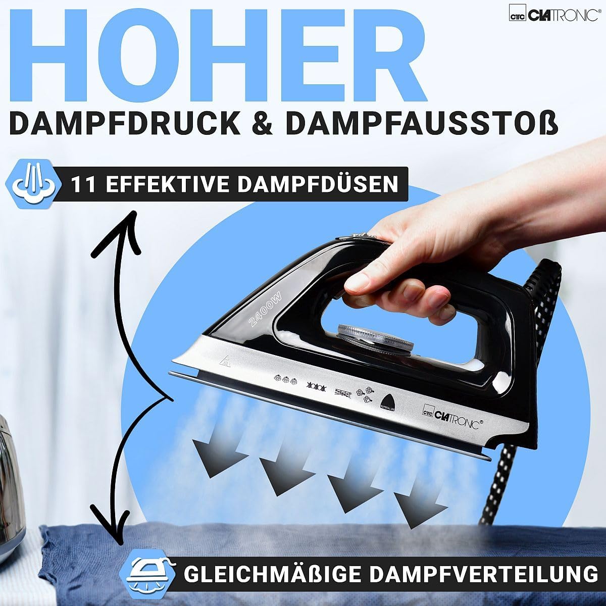 Clatronic® Dampfbügelstation mit Dampf Bügeleisen | 3,5 bar | mit Superglide-Sohle & 1,2L Wassertank | 80 min. Betriebsdauer | 2400W | Bügeleisen Dampf Anti-Tropf-System | DBS 3749 schwarz