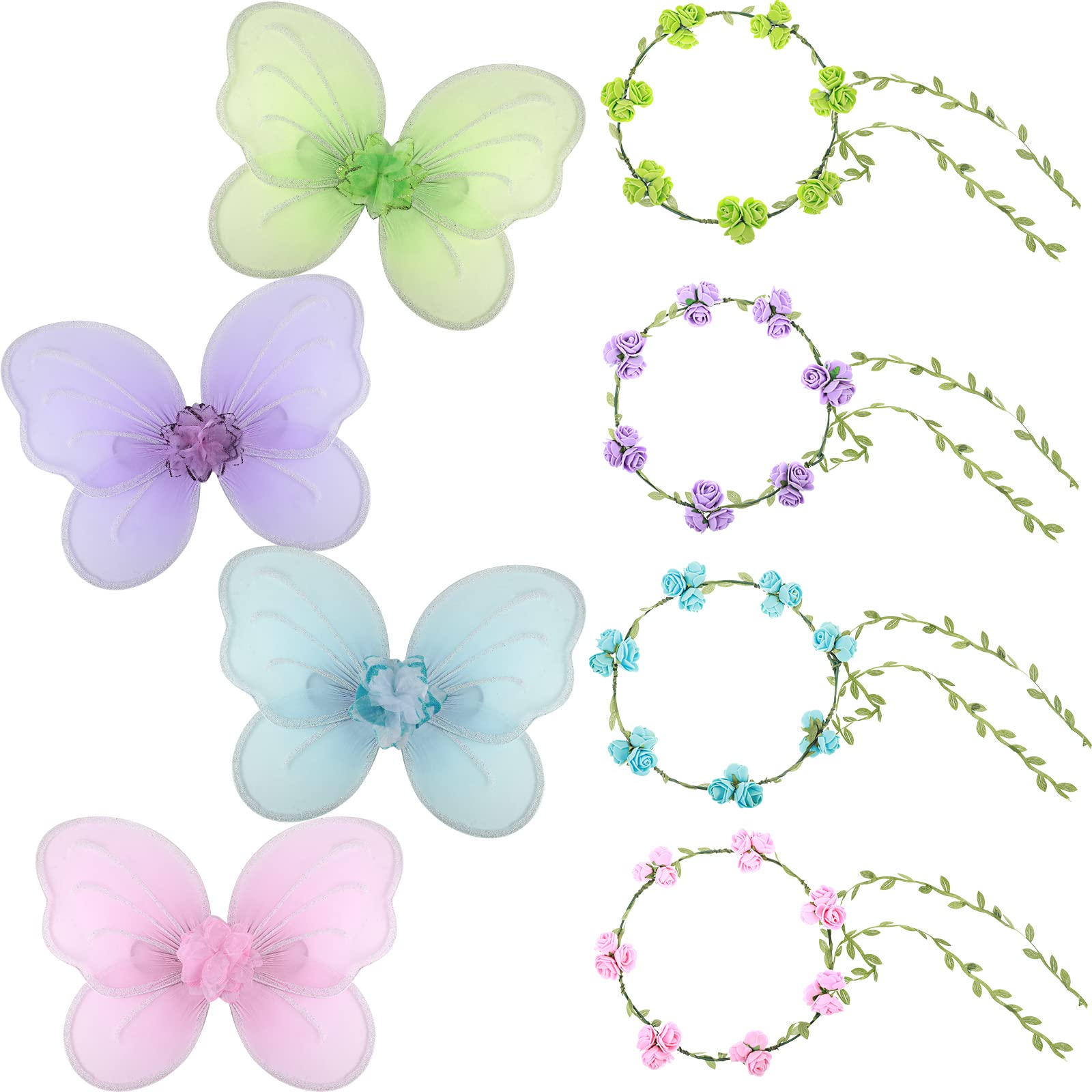 8 Pack Girls Fairy Wings Set Include 4 Pcs Butterfly Wings and 4 Pcs Fairy Flower Crown, Butterfly Costume Floral Garland Headband for Kids Adult Princess Wedding Party Favor Birthday Role Play