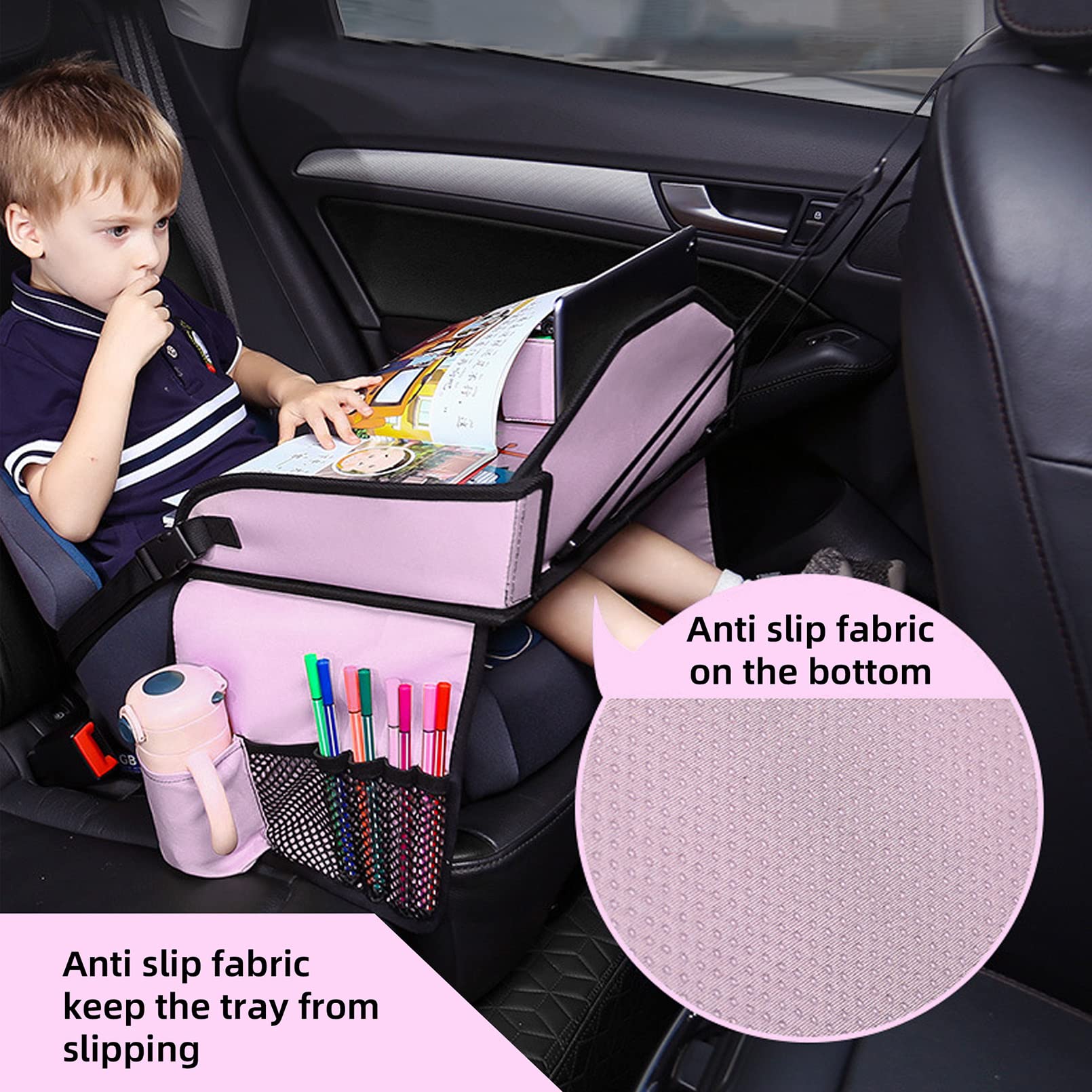 Vassoio da viaggio per bambini per seggiolino auto per, vassoio da viaggio per auto, aereo, vassoi per auto per bambini, accessori essenziali per viaggi su strada, con 15 sacchetti