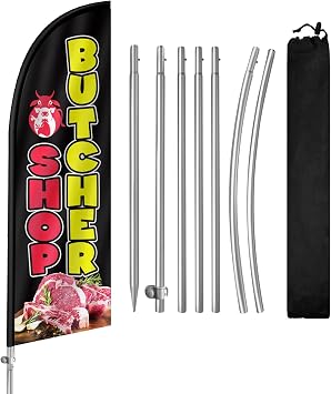 Butcher Shop Flag for Business, Butcher Shop 8FT Polyester Advertising Swooper Flag with Aluminium Alloy Flag Pole Kit, Stainless Steel, Ground Spike, Portable Bag