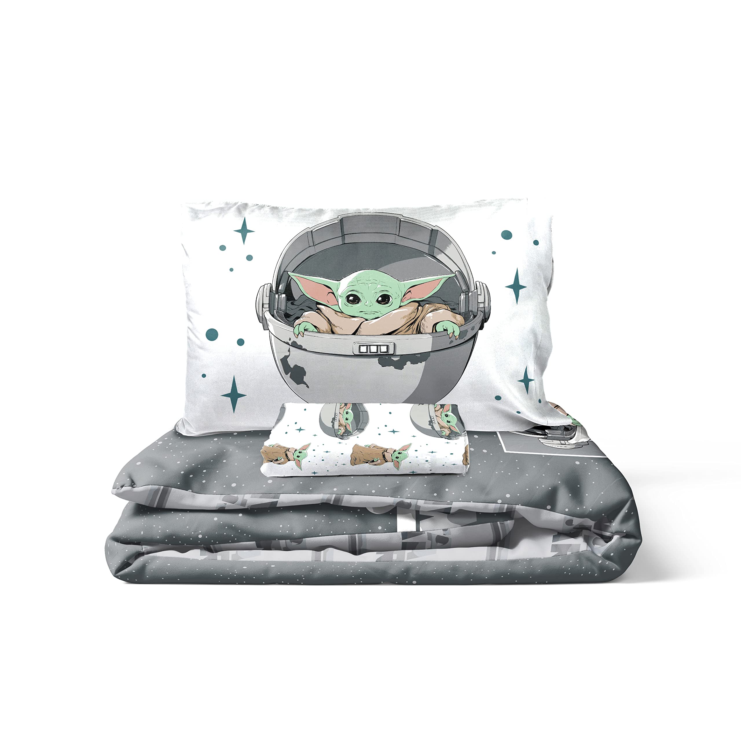 Star Wars Mandalorian Baby Yoda Grogu Juego de Ropa de Cama Infantil 3 Piezas 100% Algodón Cama Individual - Incluye Funda Edredon 135x200cm + Sabana Bajera 90x200cm + Funda de Almohada 50x70cm