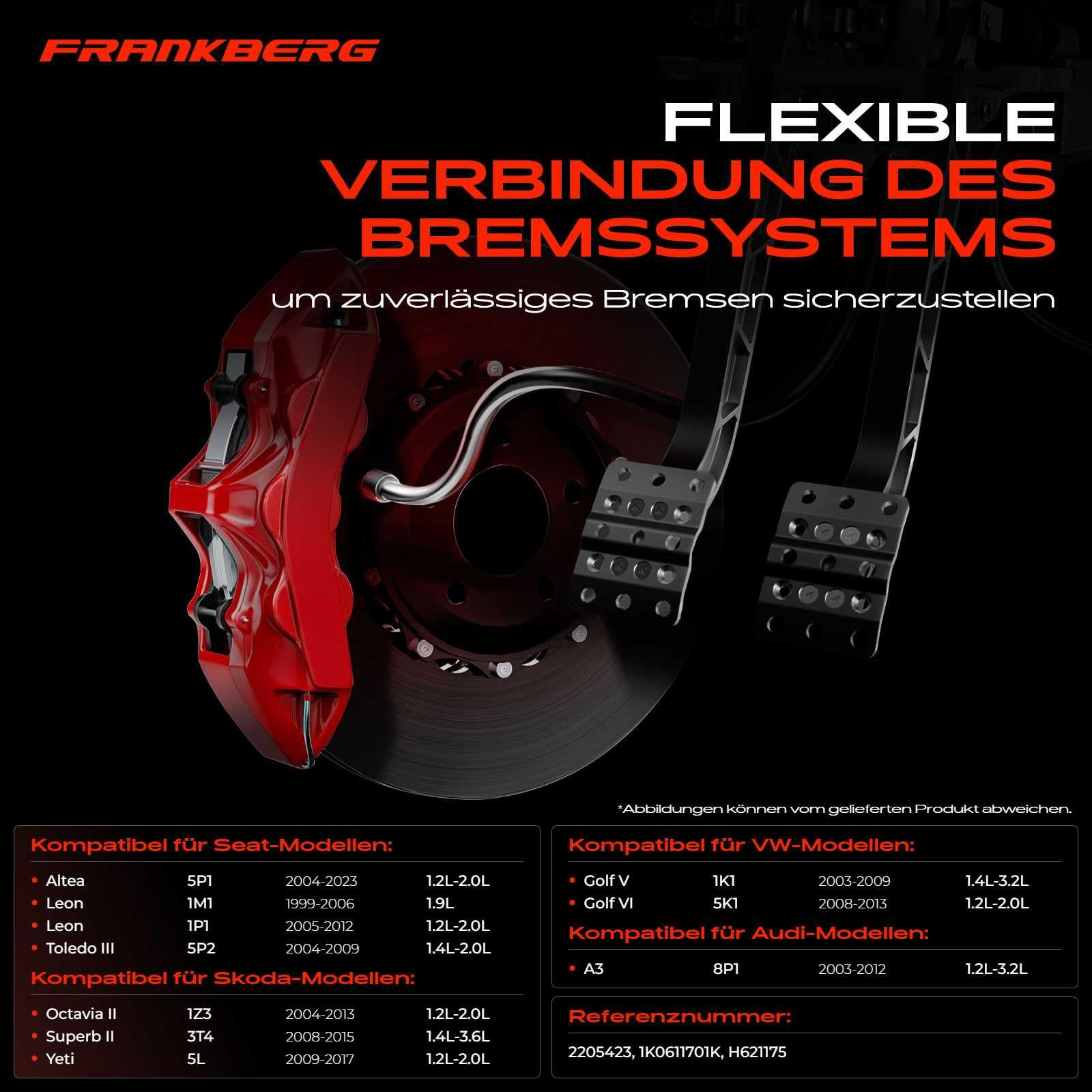 Frankberg 2 mangueras de freno delantera izquierda y derecha 2205423 | Compatible con: Altea XL 5P5 5P8, T.o.u.r.a.n 1T1 1T2, Golf VI Cabriolet 517, Golf Plus 521 5M1, O.c.t.a.v.i.a II 1Z3