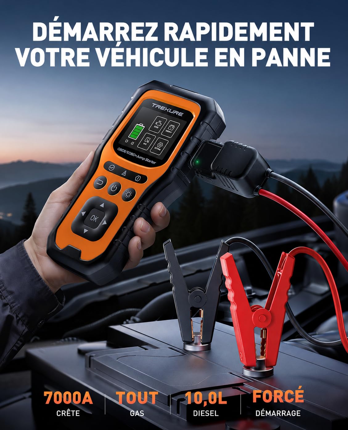 Booster Batterie Voiture avec OBD2 Diagnostic, 7000A Démarreur Voiture(Tous Gaz ou 10.0L Diesel), OBD Diagnostique Français avec Tests de Tension, Booster avec Diagnostic OBDII, Écran, Pince, LED