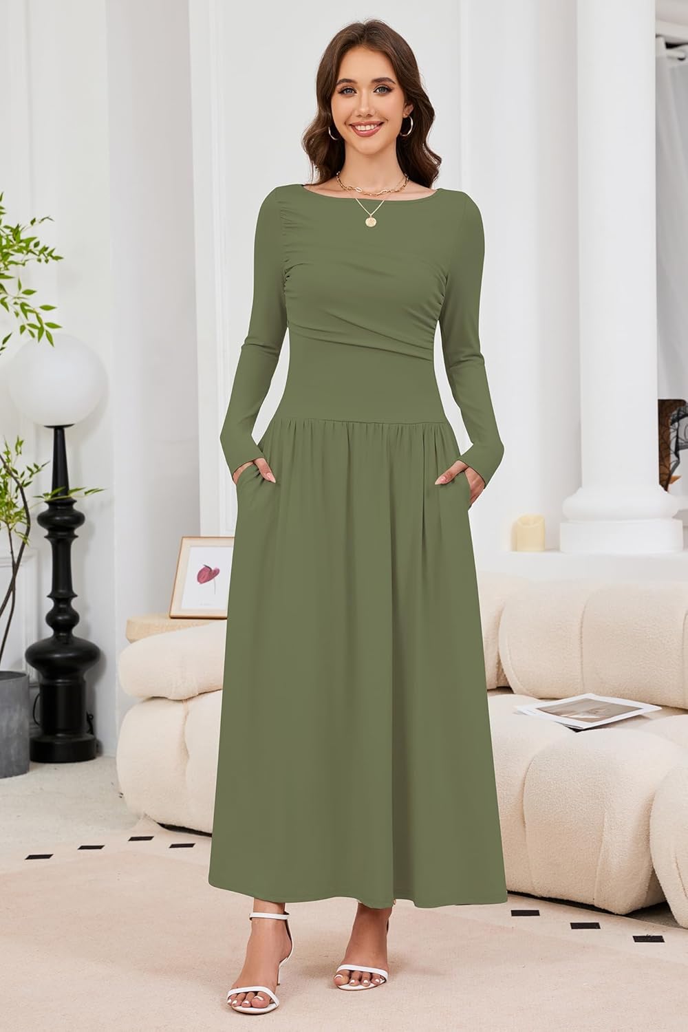 Women's 2025 Fall Long Sleeve Maxi Dress Crewneck Elegant Ruched Waist Casual Slim Pleated A Line Flowy Long Dresses - Image 7