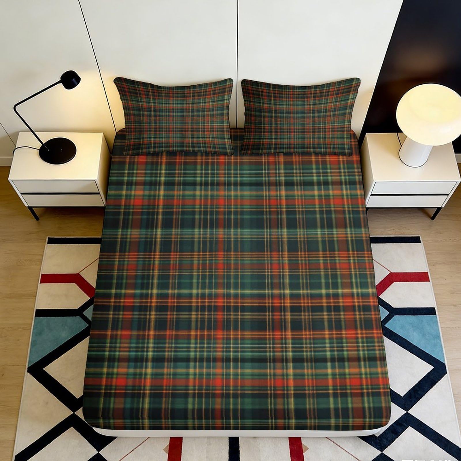 3D Printed Green Plaid Fitted Sheet Microfiber Soft Checkered Bed Sheet for Bedroom Dorm Mattress Cover 90x200x25cm