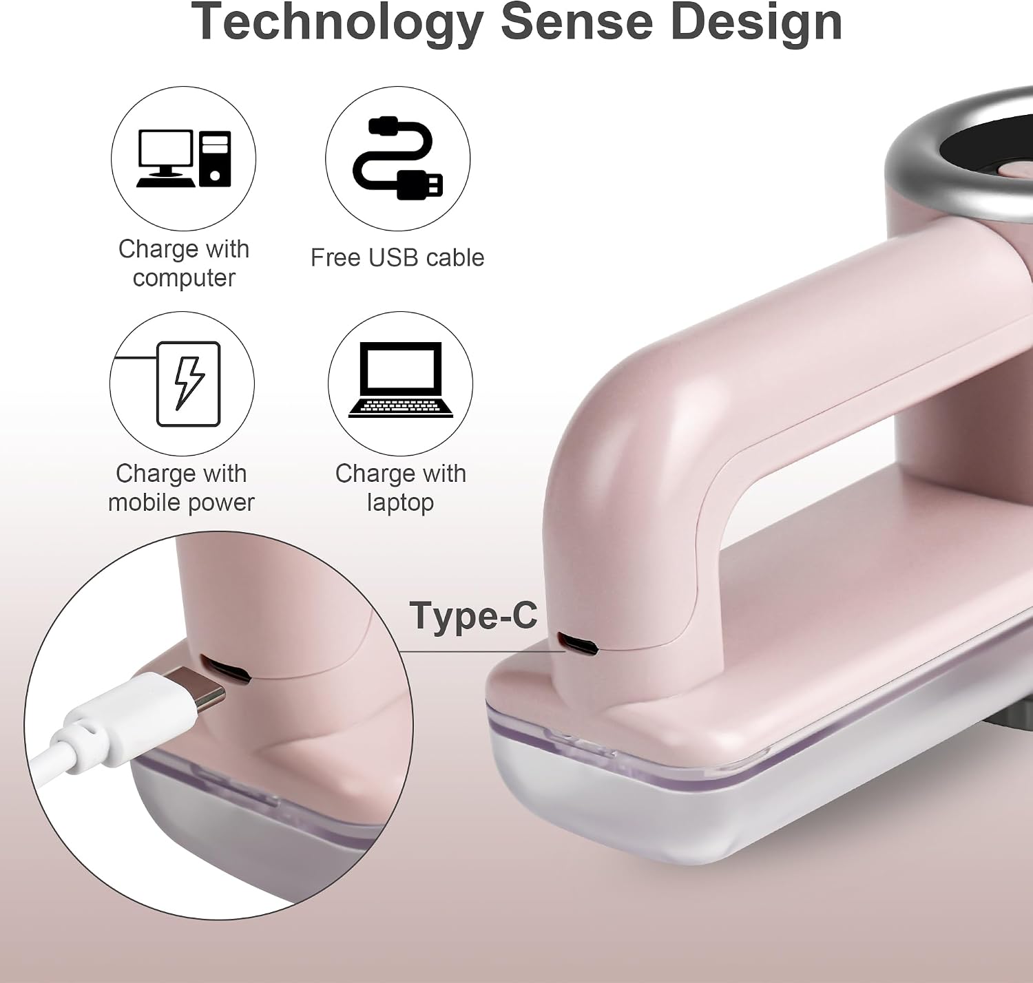 Close-up of the iRUNTEK Fabric Shaver's Type-C charging port with a cable connected, showing various charging options like computer, power adapter, and car charger.