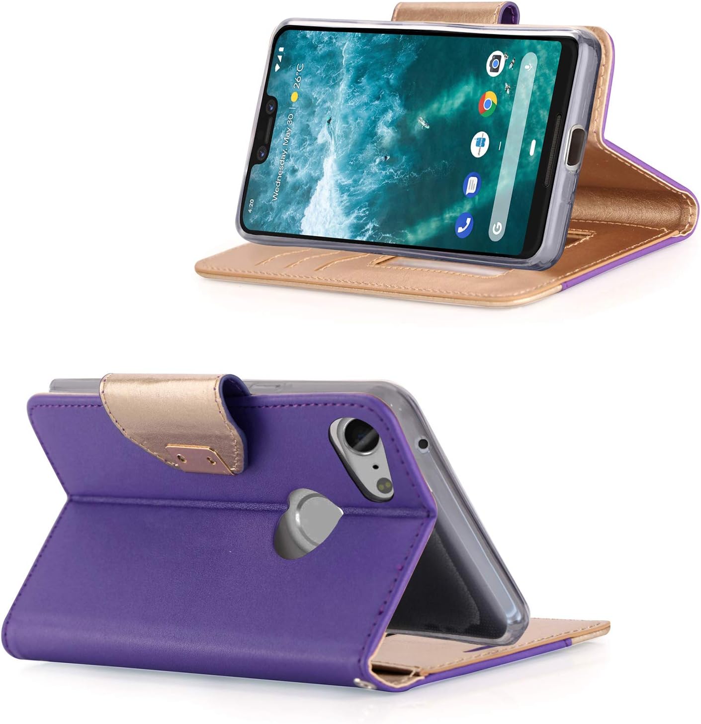 ProCase Wallet Case for Google Pixel 3 XL, Flip Kickstand Case with Card Slots Mirror Wristlet, Folding Stand Protective Cover for Google Pixel 3XL (2018 Release) -Purple