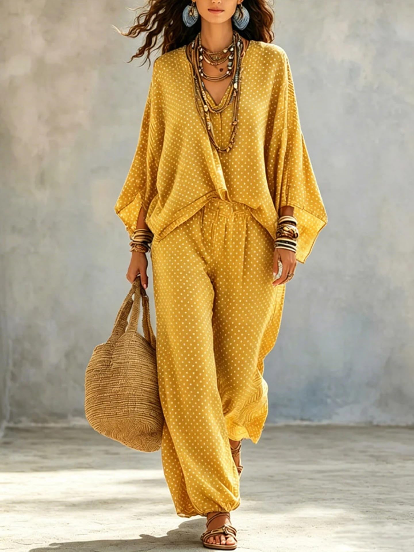 Ensemble Bohème Deux Pièces pour Femme : Chemisier À Pois, Col En V, Manches Chauve Souris Et Pantalon de Jogging À Taille Élastique. Tenue Décontractée Idéale pour Les Vacances À