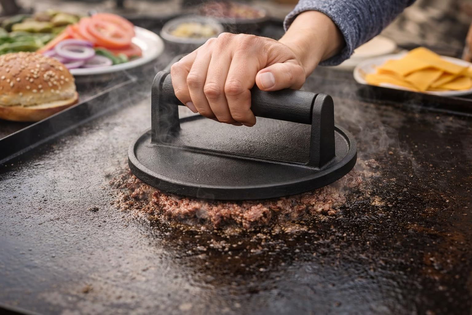 Smash Burger Presse Gusseisen – Burger Smasher mit Holzgriff – Grillpresse für perfekte Kruste | Fleischbeschwerer für BBQ, Steak & Bacon