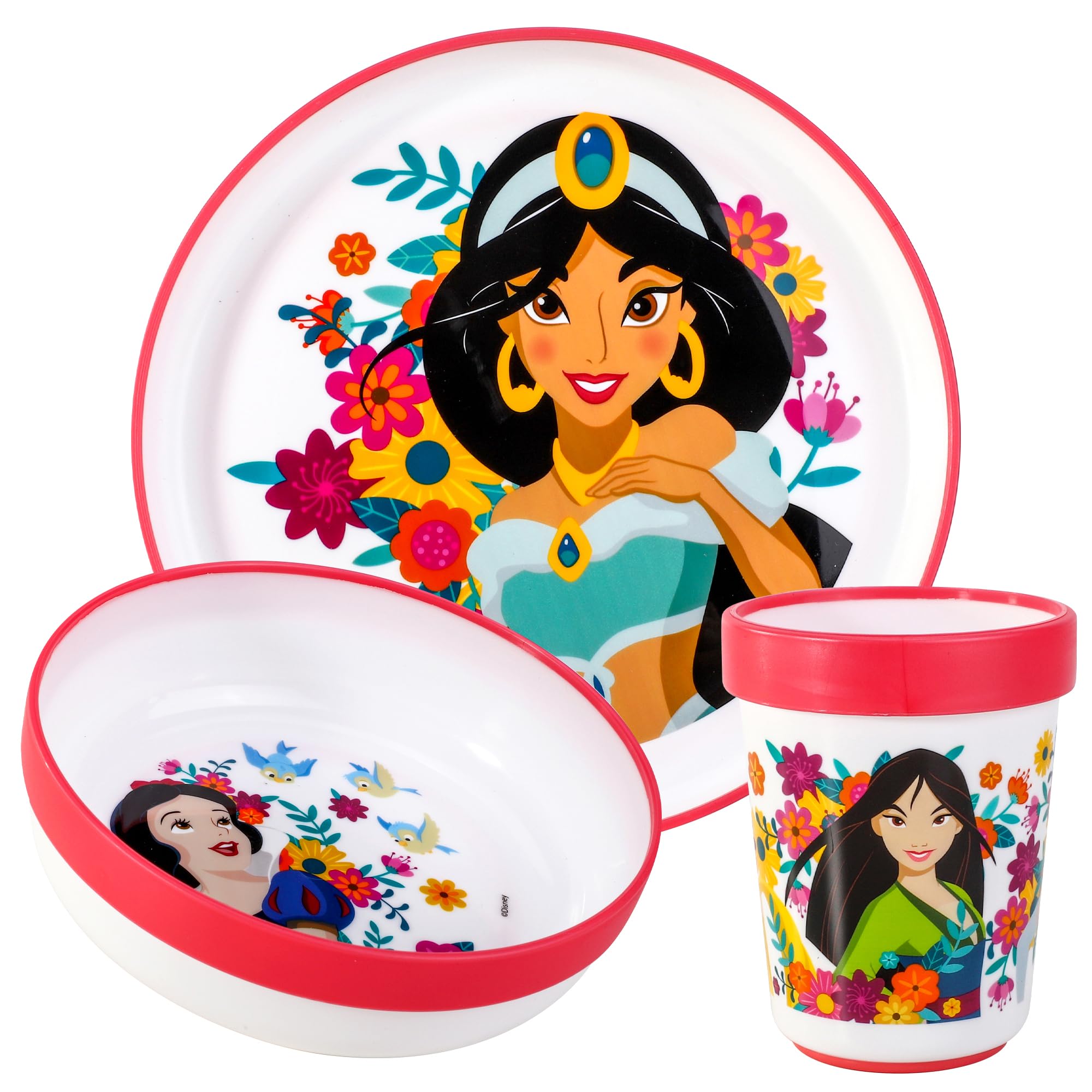 Disney Princess 3pcs Reusable Bicolor Premium Kids Dinner Tableware Set Plate, Bowl & Tumbler, BPA Free