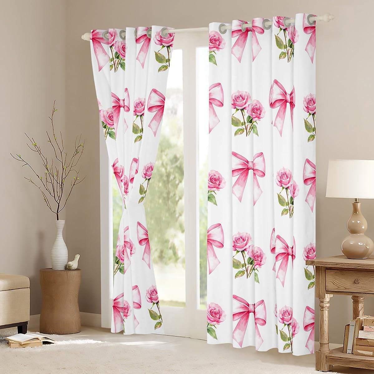 Pink Bowknot Kids Blackout Curtains,Rose Flowers Valentine's Day Romantic Window Drapes for Girls Women,Pink Bow Tie Knot Princess Dreamy Window Treatments Grommet Top 2 Panel Set,66Wx90L inch - Image 4