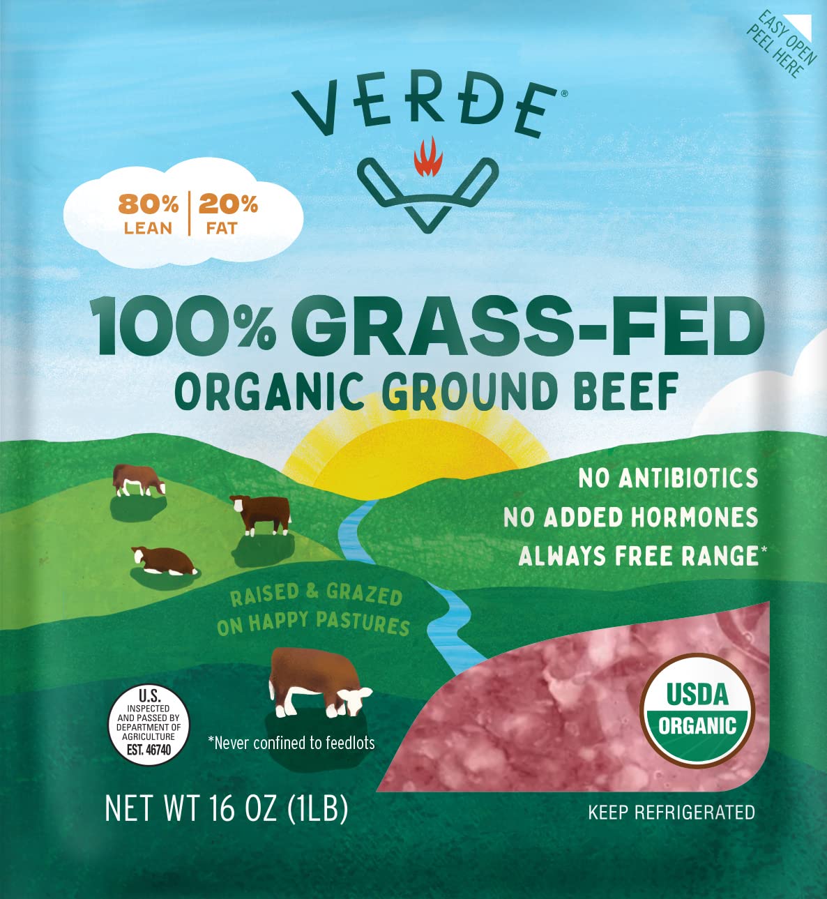 Verde Farms, Ground Beef 80% Lean/20% Fat, Organic, Grass-Fed, 1 lb