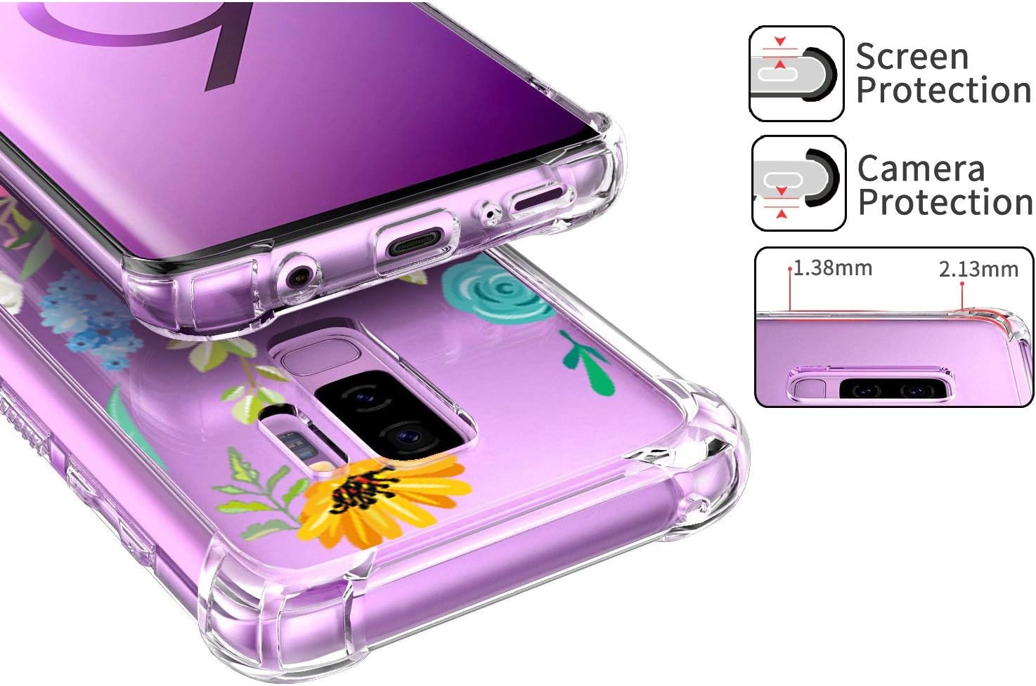 hepix Samsung Galaxy S9 Plus Case with Rose Flower, Slim Shockproof Clear Floral Pattern Soft Flexible TPU Bumper Cushion Cover with Reinforced Corners