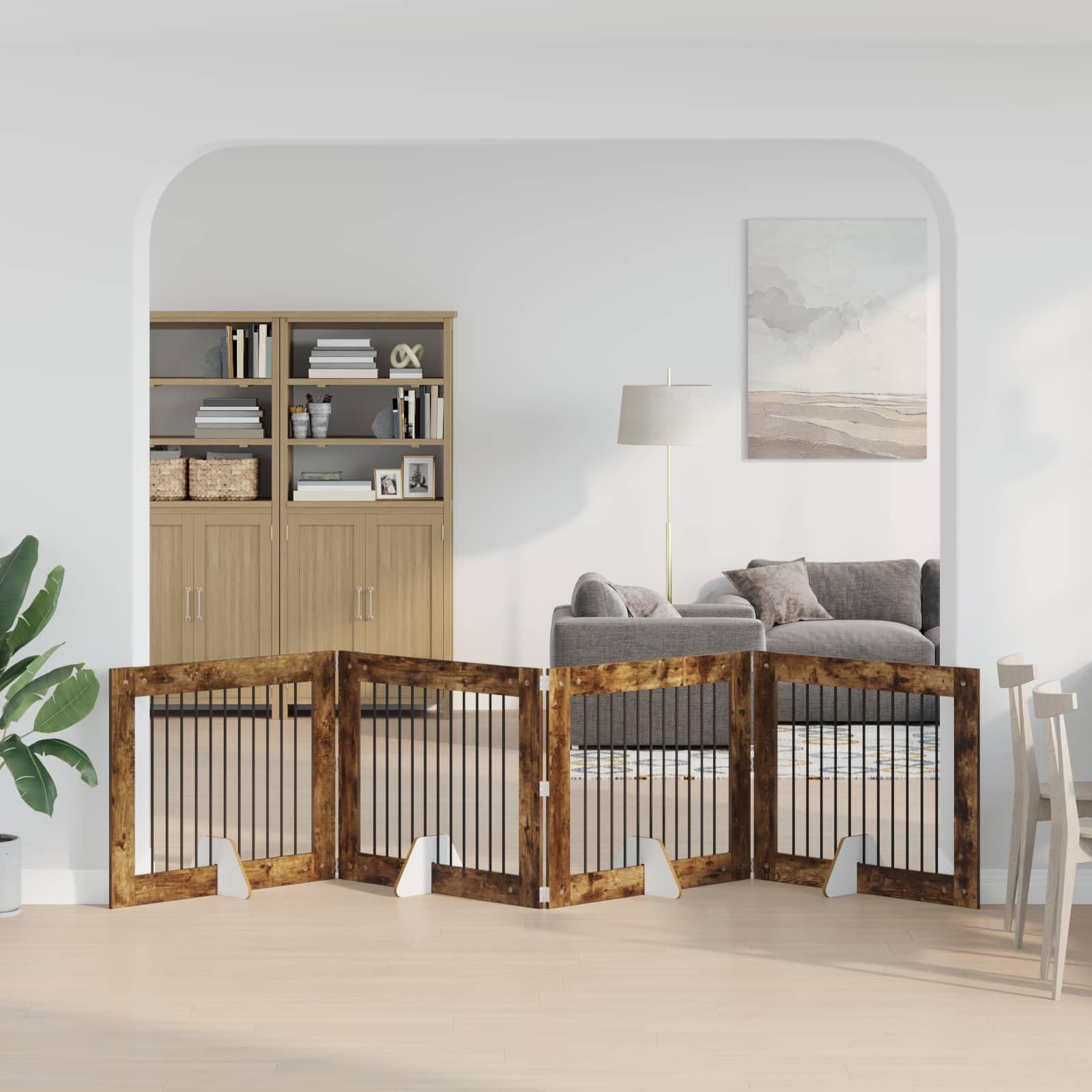 Portería para perros con soporte, 4 piezas de roble ahumado de 100 x 80 cm, plegable y portátil, ideal para caño interior, protección y alojamiento seguro de cachorros y perros