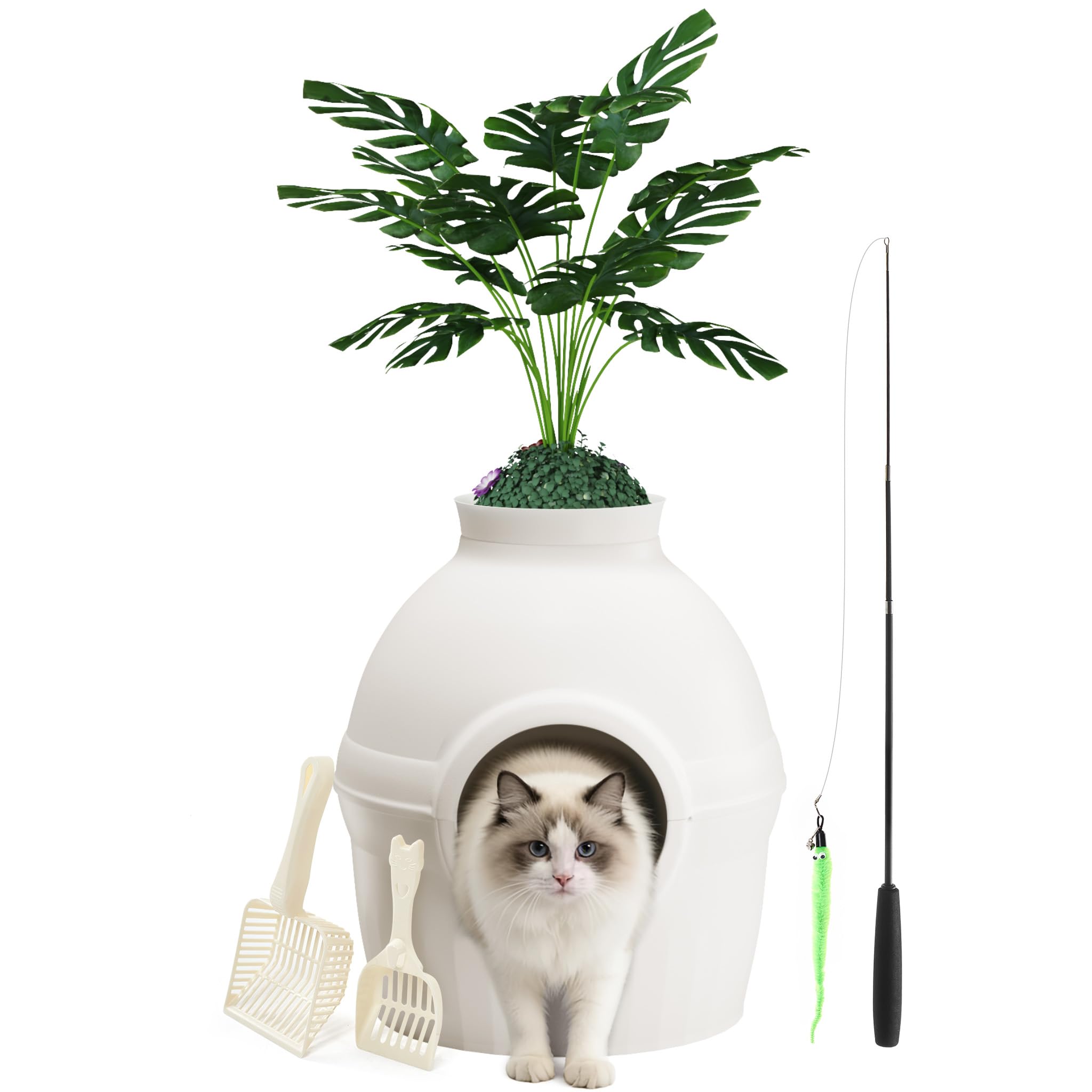 Mondeer Cat Litter Box with Faux Plant, Enclosure Hidden Litter Tray with Odor Filter, Cat House for Living Room Bedroom Corner, Includes 2 Scoops and Toy, White