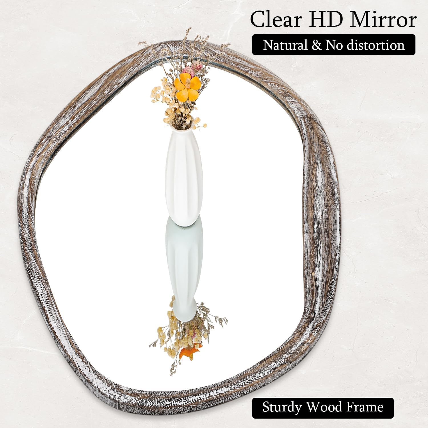 JJUUYOU Large Asymmetrical Mirrors Irregular Bathroom Wall Mirror 26"x18" Wooden Frame Modern Decorative Mirror for Makeup Bathroom Living Room,Brown
