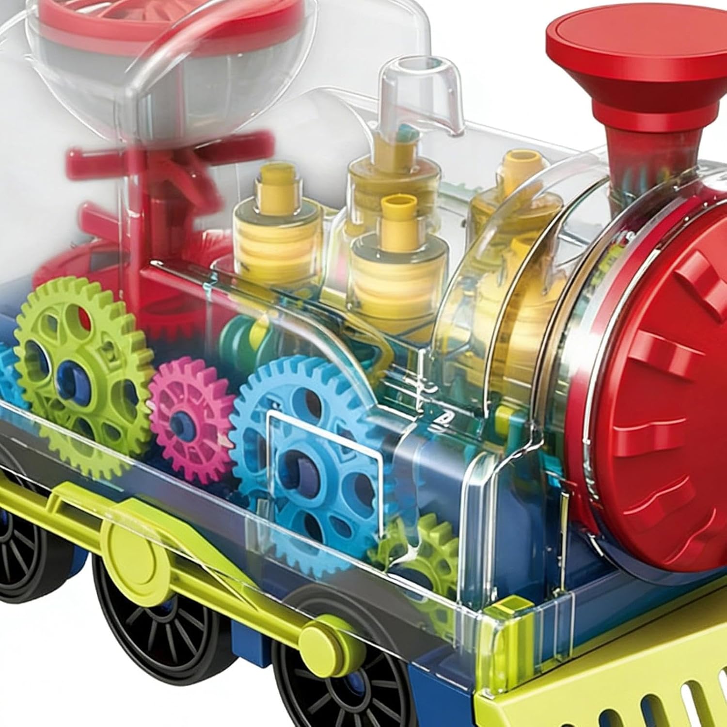 Battery Operated Train Toy, Light Up Gear Trains, Transparent Moving Gear Vehicle with Music and Flashing Lights, Electric Train Toys for Kids Interactive Learning Toy, Fun Educational Toys